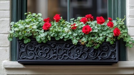Fototapeta premium Ornate window box overflowing with vibrant red roses and lush green foliage