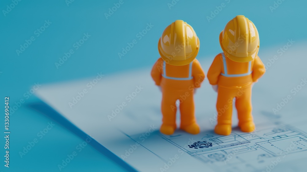 Poster miniature engineers reviewing safety plans on blue background for engineering concepts