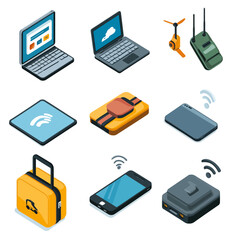 Isometric technology icons illustration: laptop, smartphone, drone, tablet