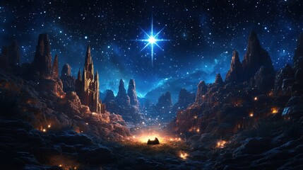 Fototapeta premium Starry Night, Mountain Valley, Spiritual Scene, Guiding Star