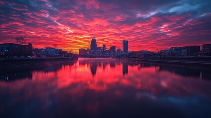 Naklejka premium Fiery Skyline Reflection: A Breathtaking Sunrise over Little Rock