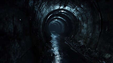 Naklejka premium Dark Tunnel with Illuminated Pathway Leading to the Unknown