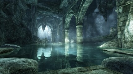 Enchanted Underground Waterway with Ancient Stone Arches and Reflective Surface Ideal for Fant
