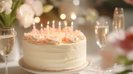 A modern birthday setup featuring a minimalist cake with pastel-colored candles, surrounded by delicate flowers and champagne glasses, creating a sophisticated party atmosphere.