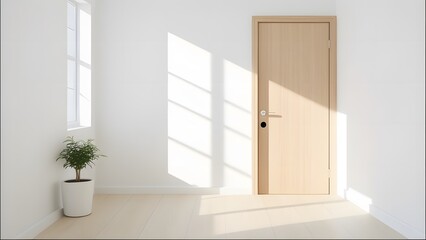 Fototapeta premium Minimalist Interior with Wooden Door and Potted Plant