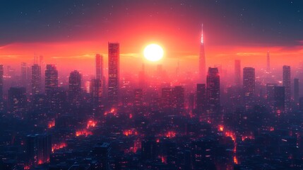 Fototapeta premium Crimson Cityscape: A Futuristic Metropolis at Sunset