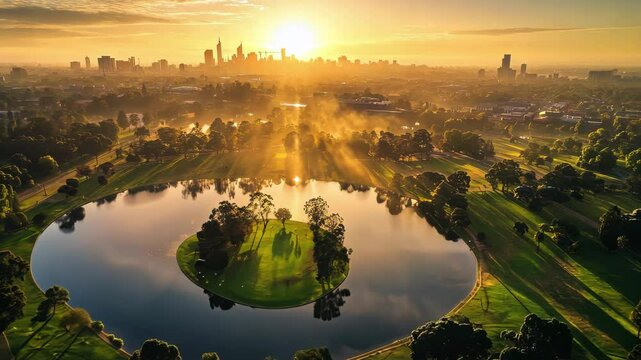 Overlooking Albert Park Lake at sunrise with city skyline in the background, Aerial view overlooking the Albert Park lake, sunrise in Melbourne, Australia