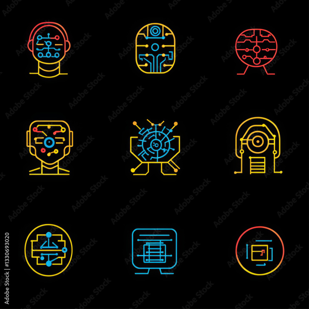 Poster abstract human heads and technological circuitry icons representing ai and neural networks
