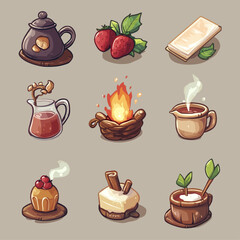 Cartoon Teapot, Strawberries, Campfire and Pastries Still Life Illustration