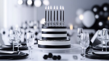 A sleek and modern birthday cake with monochrome design and metallic candle holders, displayed on a black-and-white themed table with elegant party decor.