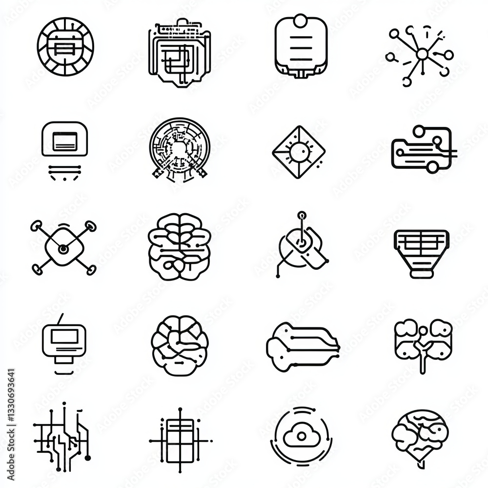 Poster abstract technological and ai-themed icons including circuits, brains, and data symbols
