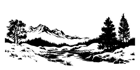 mountain landscape with river and pine trees black silhouette vector shape