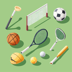 Isometric Sports Equipment: Balls, Racquets, and Bats on Green Surface