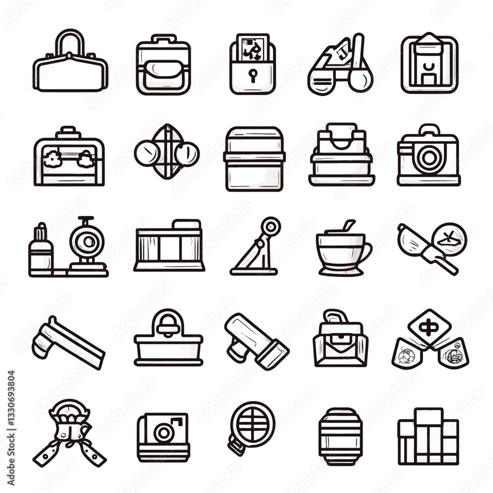 Poster vector line art icons: diverse collection of daily objects and essentials
