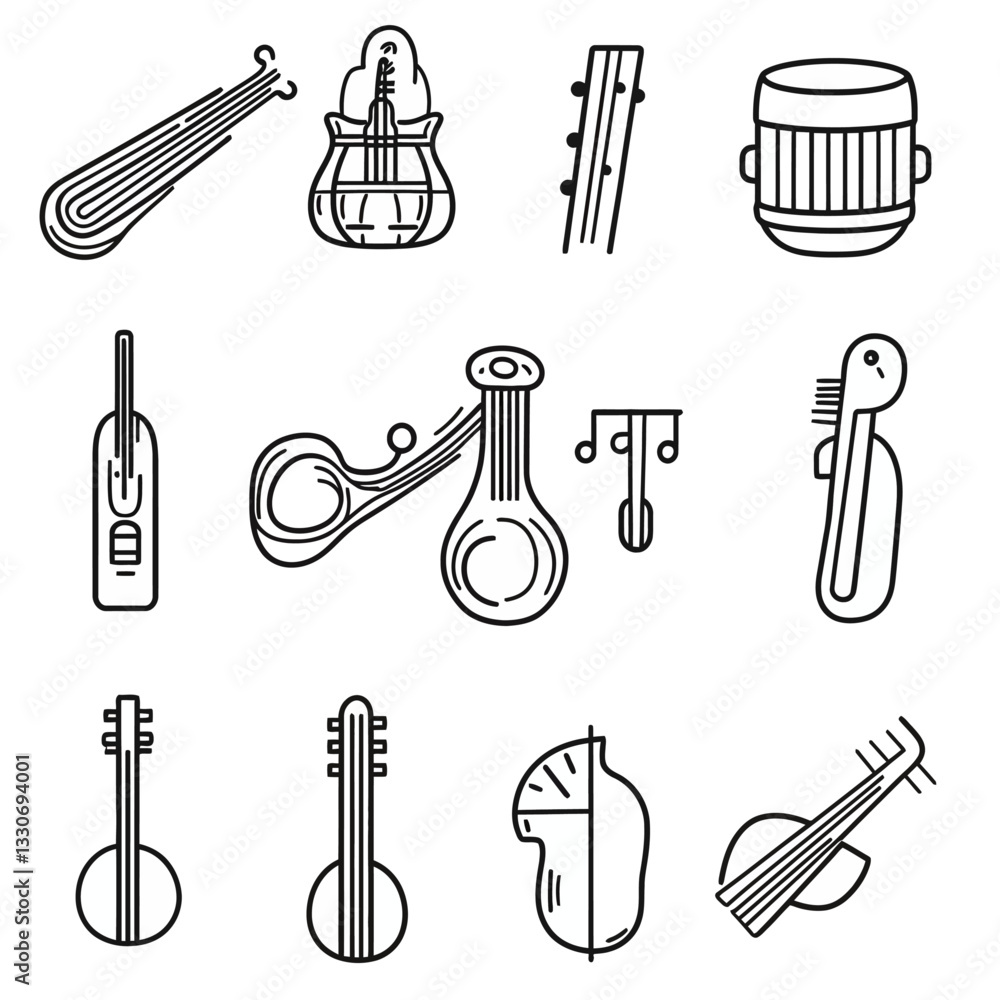 Poster line art of traditional stringed instruments and percussion for design