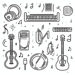 Obraz premium Musical Instruments Line Art: Guitar, Piano, Drums, Headphones, Harmonica