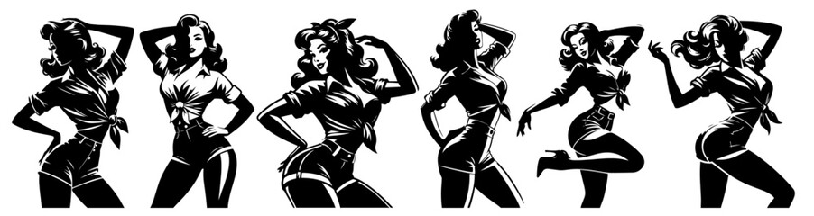 pin-up girl collection in vintage retro style black silhouette vector shape