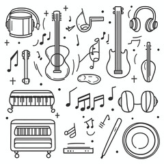 Obraz premium Musical Instruments and Notes in Black and White Doodle Illustration