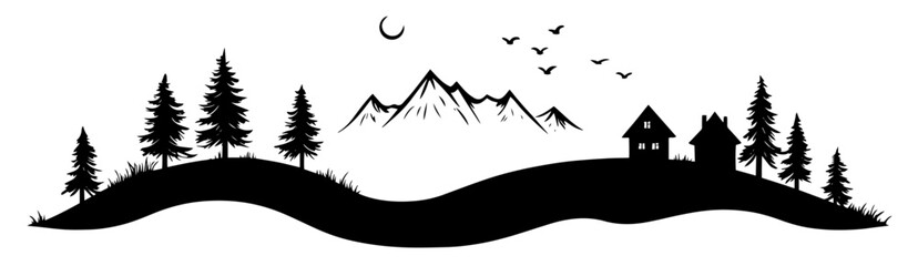 Fototapeta premium mountain village with pine trees, moon, and birds in peaceful black vector landscape shape