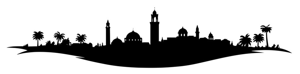 middle eastern city skyline with domes and palm trees in cultural black vector shape