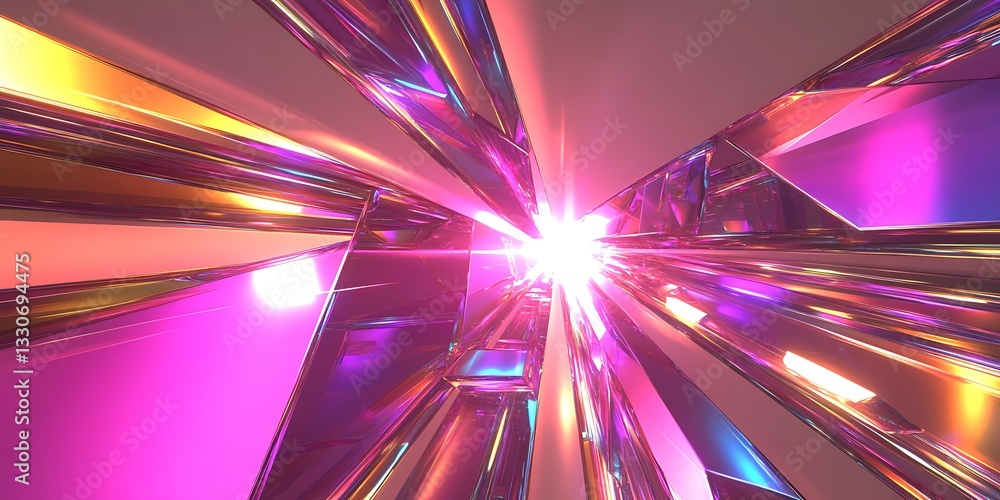 Poster iridescent geometric tunnel with bright illumination at the core render