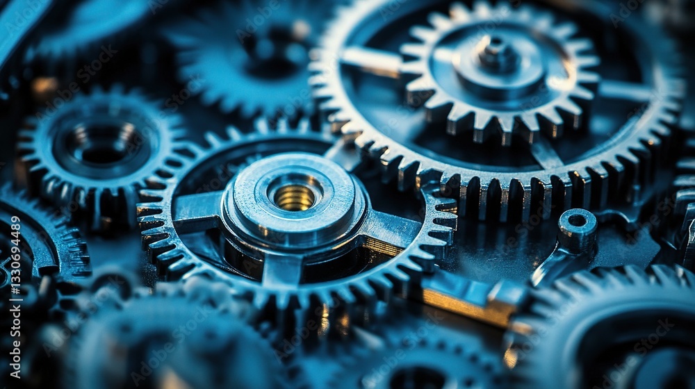 Poster close-up of metallic gears and mechanical components in detail