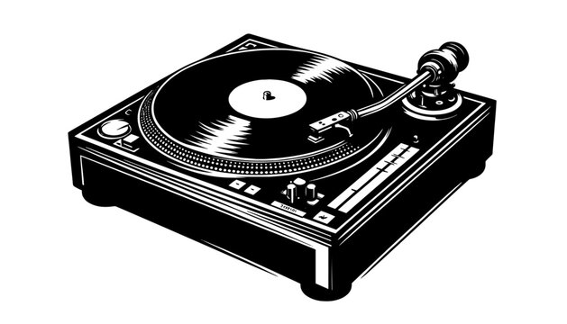 vintage turntable record player with stylus in bold retro black vector shape