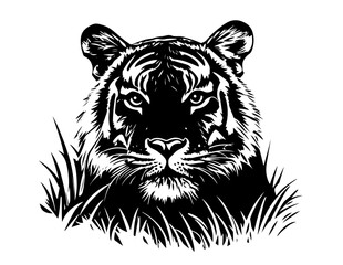 tiger head in grass with intense gaze black silhouette vector shape