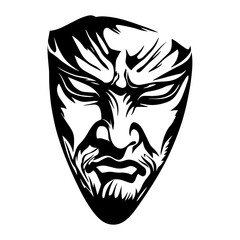 angry warrior mask with intense expression in bold black vector shape