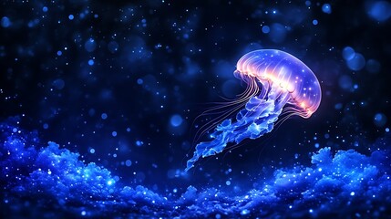 Bioluminescent Jellyfish Swimming in Deep Ocean
