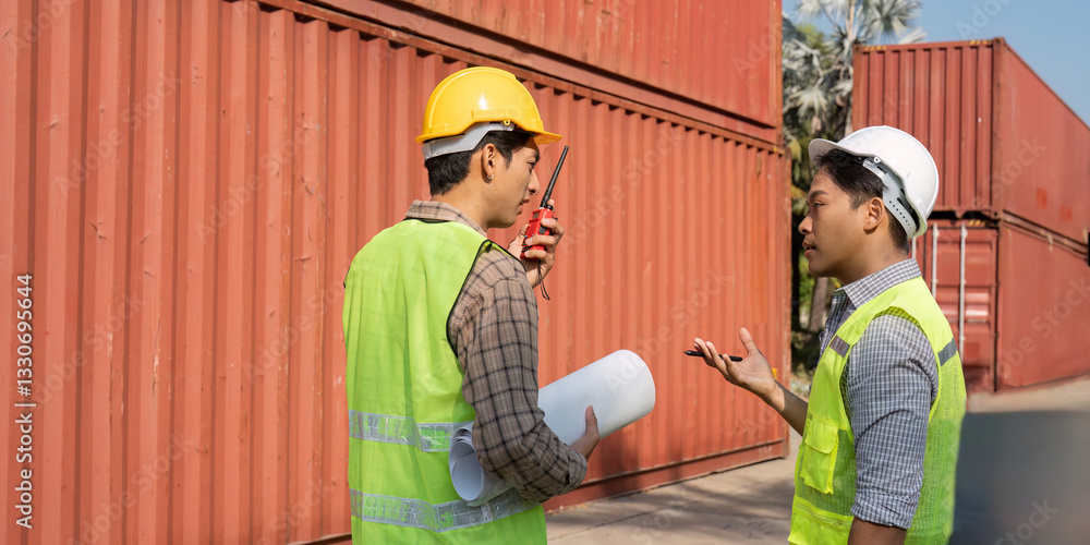 Poster logistics teamwork. engineers discussing plans at a shipping container yard.
