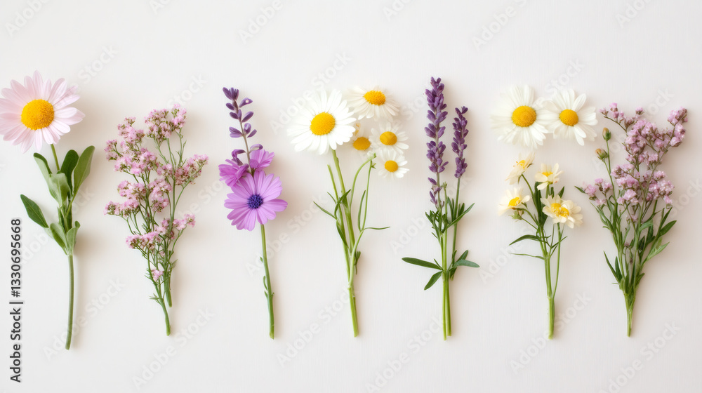 Poster colorful wildflowers and daisies creating delicate, minimalist pattern spreading across pristine whi