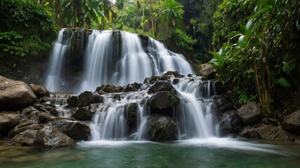 Obraz premium Serene tropical cascade surrounded by lush greenery and tranquil waters