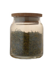 Fresh herbs stored in a glass jar with a wooden lid for a rustic kitchen atmosphere