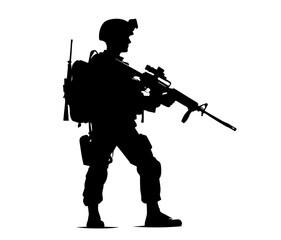 soldier with rifle in tactical gear black silhouette vector shape