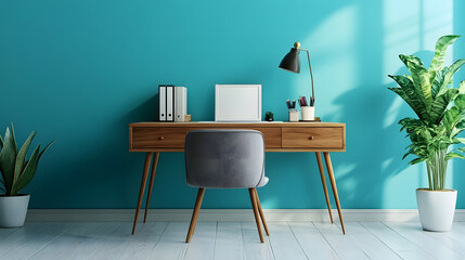 Modern Home Office Workspace with Teal Wall, Wooden Desk, and Plants