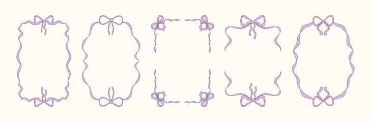 A set of vintage hand-drawn ribbon borders. Elegant doodle ribbons and bow frames. Whimsical decorative elements for wedding or birthday invitations. Vector illustration.