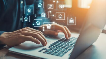 Concept of Online Real Estate Businessman Typing on Laptop with Digital House Icons