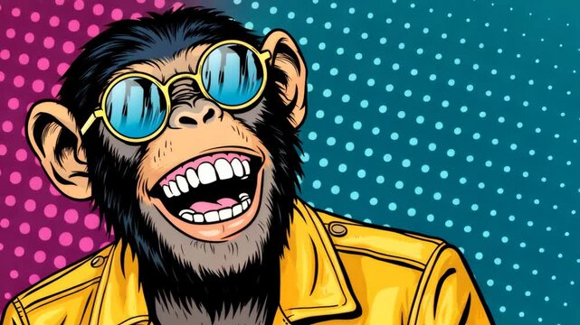 Chimpanzee in yellow jacket wearing sunglasses laughing in pop art style against halftone background
