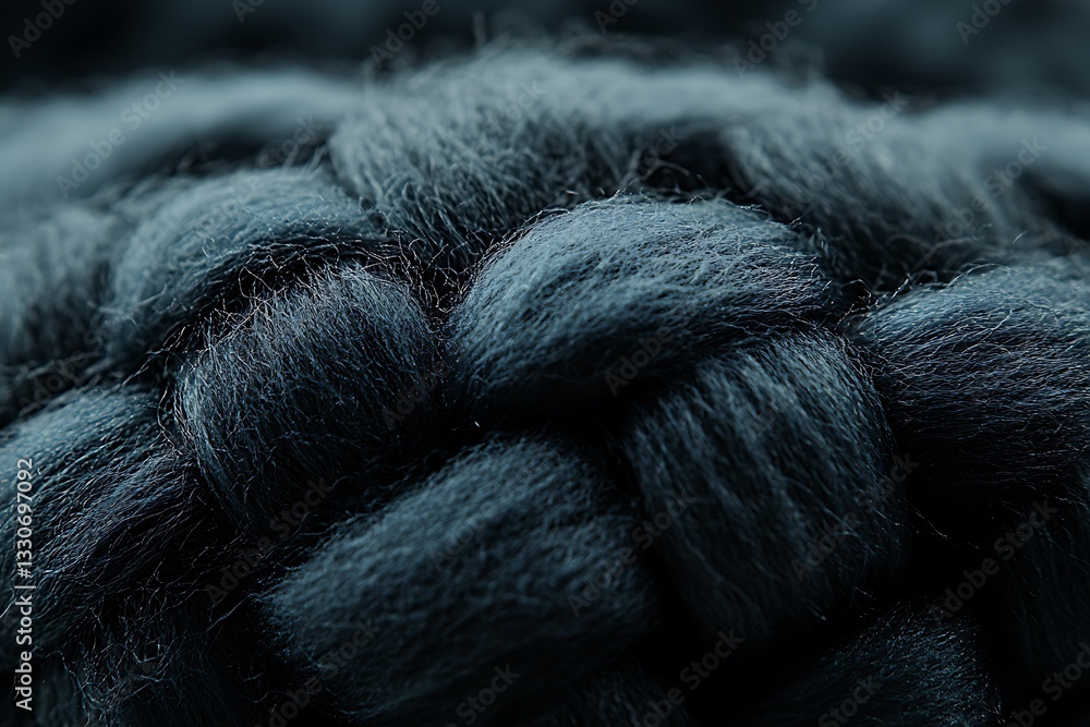 Poster macro close-up of hand-knitted blue wool with intricate braid pattern
