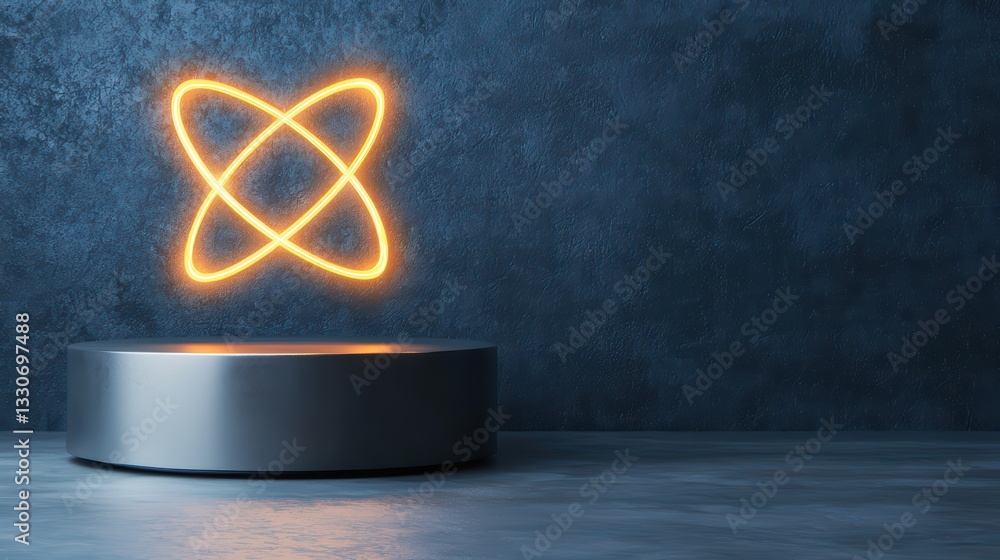 Poster glowing atomic model concept with orbiting electrons on a dark background