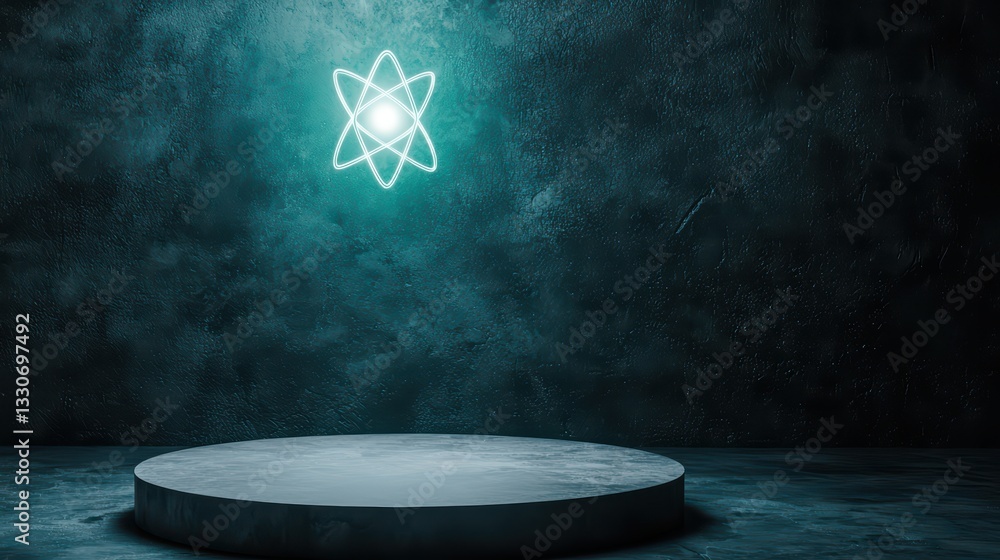 Poster glowing atom model concept in a physics background with orbital representation