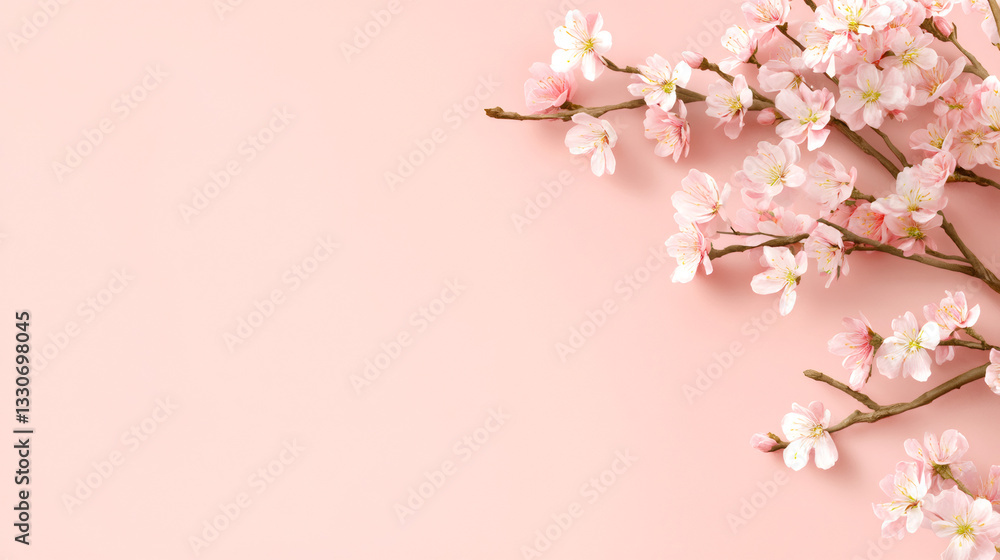 Poster cherry tree blossom branches lying on a pastel pink background creating a delicate spring feeling wi