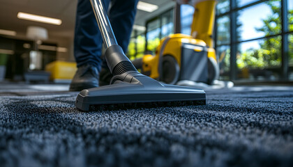Fototapeta premium Male janitor vacuuming carpet in a modern office building. Concept of commercial cleaning, maintenance, hygiene, workplace sanitation