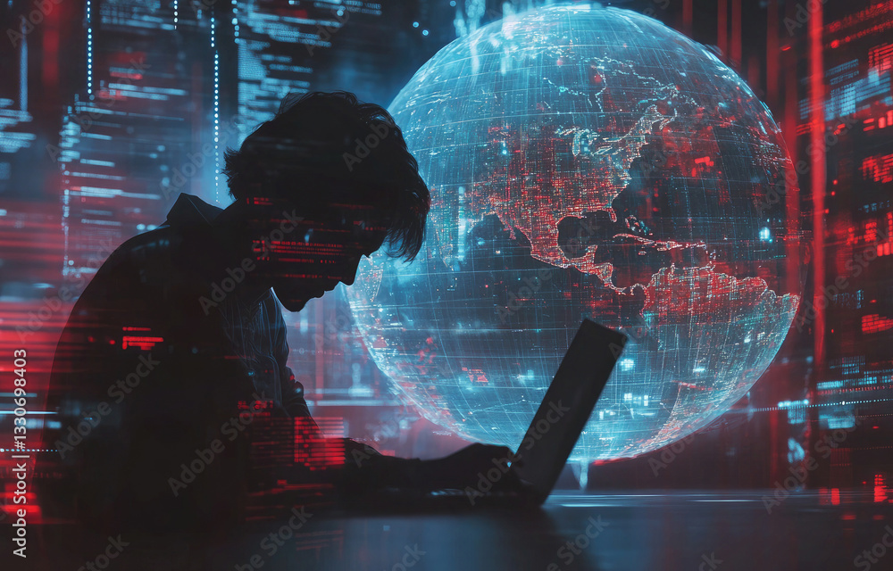 Poster global network hacker silhouette working on laptop, digital world design