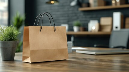 Brown Paper Shopping Bag on Wooden Desk in Modern Office