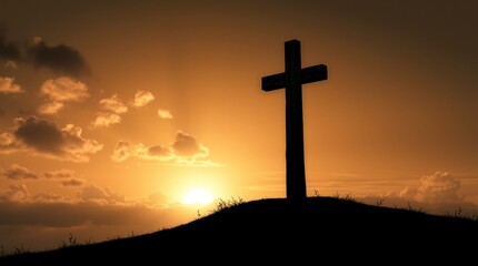 Sunset Cross Silhouette Peaceful Hilltop Landscape