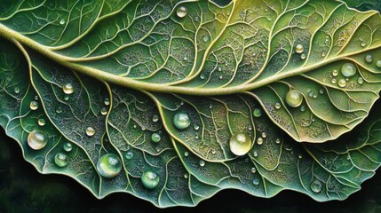 Obraz premium Green Leaf with Water Droplets Detailed Texture