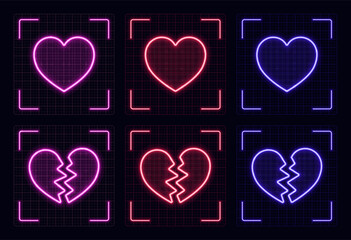 Heart symbol set, cyber neon visual, glowing border grid vector.	