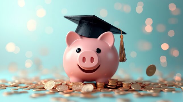 Piggy bank graduation, coins, savings, education funding